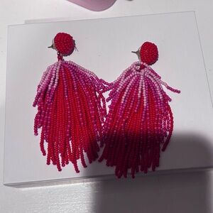 Vibrant Red and Pink Beaded Tassel Earrings